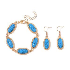 Women's Blue Howlite Set of Bracelet and Earrings in Rosetone